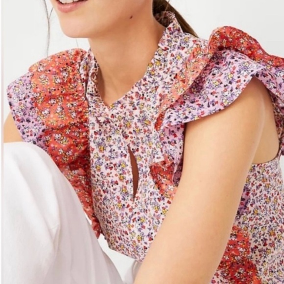 Ann Taylor Purple Orange Floral Ruffle Flutter Keyhole Button Blouse, Sz M - Picture 2 of 14